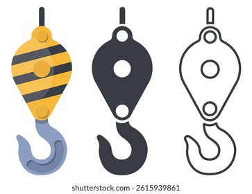 Crane hook icon. Black and white line industrial symbol. Silhouette building equipment. Lifting machinery. Construction site. Freight loading. Weight hoist. Vector pulley