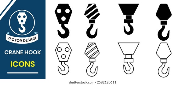 Crane hook icon, vector. Silhouette of crane hook design set. Crane hook sign symbol design set. Vector illustration.