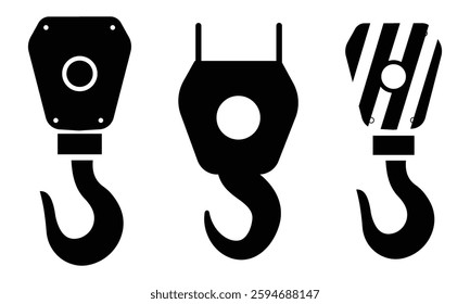 Crane hook icon, vector. Silhouette of crane hook design set. Crane hook sign symbol design set. Pulley Icon. Tackle, Crane Hook Symbol within Glyph Style.
