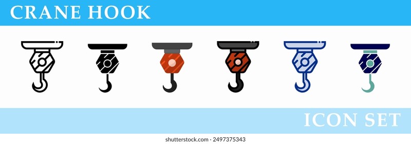 Crane hook icons set. 6 Various styles. For sign, symbol, element, presentation, infographic or web graphics. Vector Illustration.