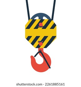Crane hook isolated on a white background. Industrial steel hook tower crane. Steel tower crane hook, yellow with black stripe. Lifting large loads. Vector illustration flat design. 