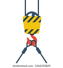 Crane hook isolated on a white background. Industrial steel hook tower crane. Steel tower crane hook, yellow with black stripe. Lifting large loads. Vector illustration flat design. 