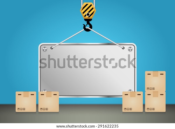 Crane hook lifting and advertising board.\
Including with cardboard box. To show shipment storage and\
transport goods product concept. Crane hook also called lifting\
hook. Empty board for\
advertising.