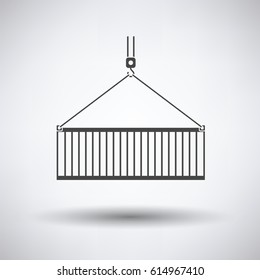 Crane hook lifting container on gray background, round shadow. Vector illustration.