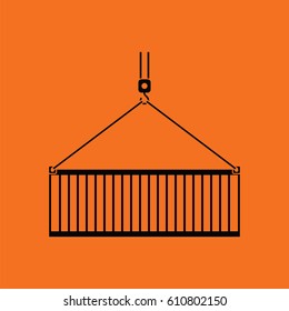 Crane hook lifting container. Orange background with black. Vector illustration.