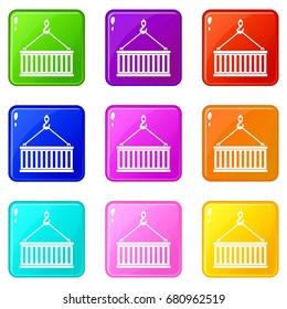 Crane hook lifts container icons of 9 color set isolated vector illustration