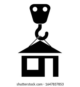 Crane Hook Lifts Home Holds Roof House Icon Black Color Vector Illustration Flat Style Image