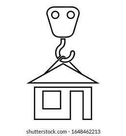 Crane Hook Lifts Home Holds Roof House Icon Outline Black Color Vector Illustration Flat Style Image