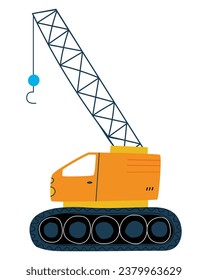 Crane with hook. Orange toy crane. Construction transport on caterpillar tracks. Flat vector illustration