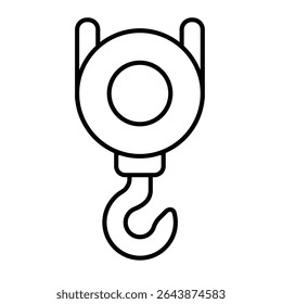 Ícone de linha fina do gancho do guindaste, conceito de porta marinha. Gráficos vetoriais. Gancho de rolo único, sinal de elevação de carga do porto no fundo branco, móvel estilo ou design