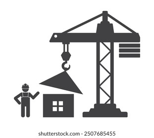 Crane with house roof lifting and worker builder icon