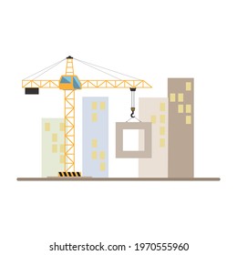 Crane and houses under construction. Vector illustration isolated on white. A ready-made design or template for further work.