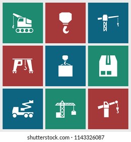 Crane icon. collection of 9 crane filled icons such as hook, hook with cargo. editable crane icons for web and mobile.