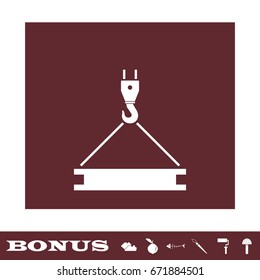 Crane icon flat. White pictogram on brown background. Vector illustration symbol and bonus icons