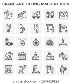 Crane icon or lifting equipment icon such as tower, crawler, mobile, gantry, overhead, jib, winch, etc. That using in construction, transportation, production etc industry. Vector icon design.