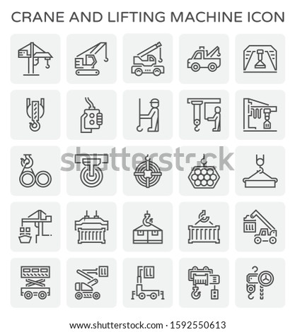 Crane icon or lifting equipment icon such as tower, crawler, mobile, gantry, overhead, jib, winch, etc. That using in construction, transportation, production etc industry. Vector icon design.
