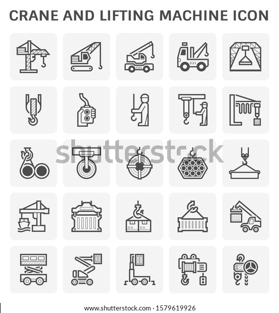 Crane icon or lifting equipment icon such as\
tower, crawler, mobile, gantry, overhead, jib, winch, etc. That\
using in construction, transportation, production etc industry.\
Vector icon design.