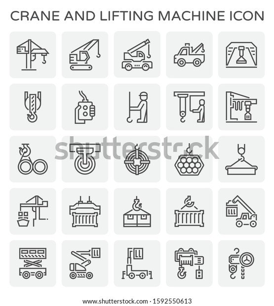 Crane icon or lifting equipment icon such as\
tower, crawler, mobile, gantry, overhead, jib, winch, etc. That\
using in construction, transportation, production etc industry.\
Vector icon design.
