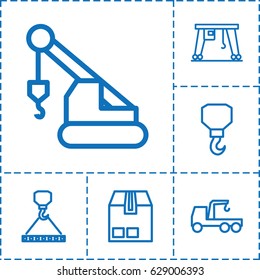 Crane icon. set of 6 crane outline icons such as truck with hook, hook, hook with cargo