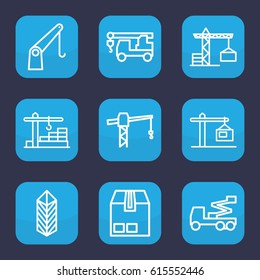 Crane icon. set of 9 outline crane icons such as truck with hook, cargo