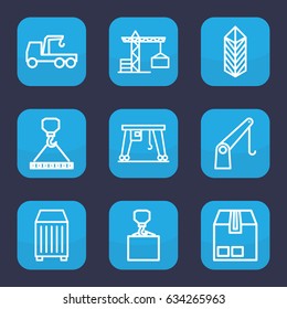 Crane icon. set of 9 outline crane icons such as truck with hook, hook with cargo