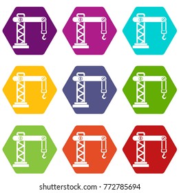 Crane icon set many color hexahedron isolated on white vector illustration