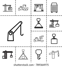 Crane icons. set of 13 editable outline crane icons such as hook, hook with cargo, cargo container