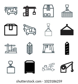 Crane icons. set of 16 editable outline crane icons such as truck with hook, hook with cargo