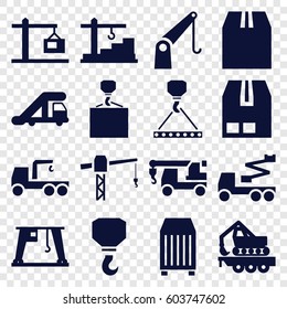 Crane icons set. set of 16 crane filled icons such as truck with hook, hook, hook with cargo