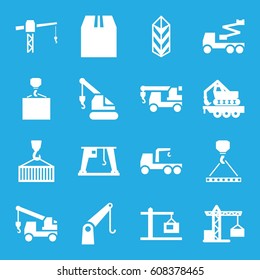 Crane icons set. set of 16 crane filled icons such as truck with hook, hook with cargo
