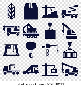 Crane icons set. set of 16 crane filled icons such as truck with hook, hook