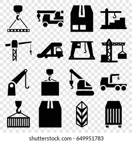 Crane icons set. set of 16 crane filled icons such as truck with hook, hook with cargo