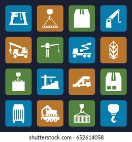 Crane icons set. set of 16 crane filled icons such as truck with hook, hook