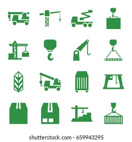 Crane icons set. set of 16 crane filled icons such as truck with hook, hook