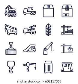 crane icons set. Set of 16 crane outline icons such as truck with hook, hook, cargo
