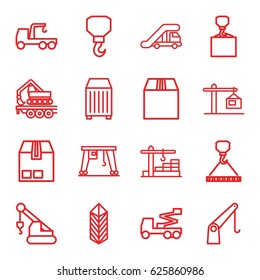 Crane icons set. set of 16 crane outline icons such as truck with hook, hook, hook with cargo