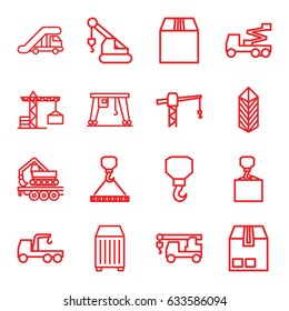 Crane icons set. set of 16 crane outline icons such as truck with hook, hook, hook with cargo