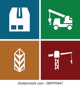 crane icons set. Set of 4 crane filled icons such as construction crane, truck with hook, cargo