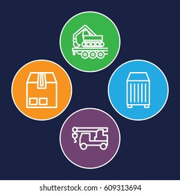 Crane icons set. set of 4 crane outline icons such as truck with hook, cargo container