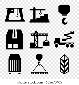 Crane icons set. set of 9 crane filled icons such as hook, hook with cargo