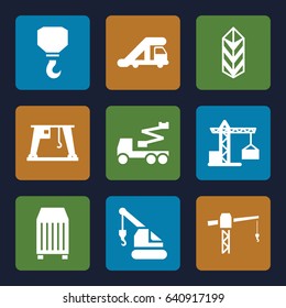 Crane icons set. set of 9 crane filled icons such as hook, cargo