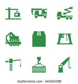 Crane icons set. set of 9 crane filled icons such as truck with hook, cargo container