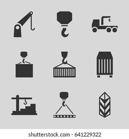 Crane icons set. set of 9 crane filled icons such as truck with hook, hook