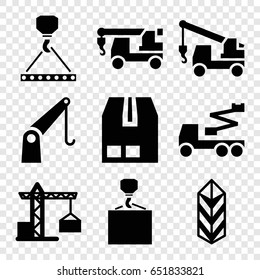 Crane icons set. set of 9 crane filled icons such as truck with hook, hook with cargo