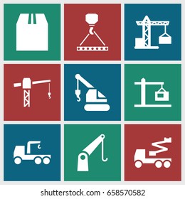 Crane icons set. set of 9 crane filled icons such as truck with hook, hook with cargo