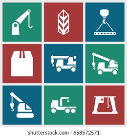 Crane icons set. set of 9 crane filled icons such as truck with hook, hook with cargo