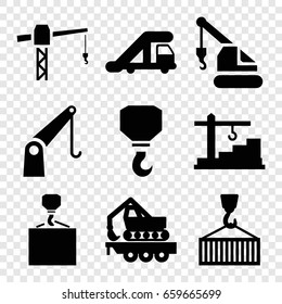 Crane icons set. set of 9 crane filled icons such as hook, hook with cargo