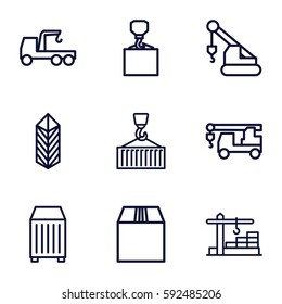 crane icons set. Set of 9 crane outline icons such as truck with hook, hook with cargo