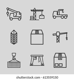 Crane icons set. set of 9 crane outline icons such as truck with hook, cargo