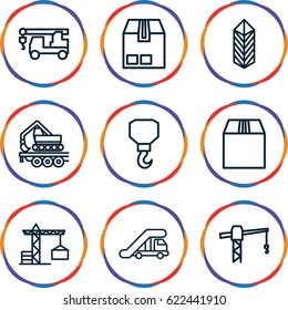 Crane icons set. set of 9 crane outline icons such as truck with hook, hook, cargo